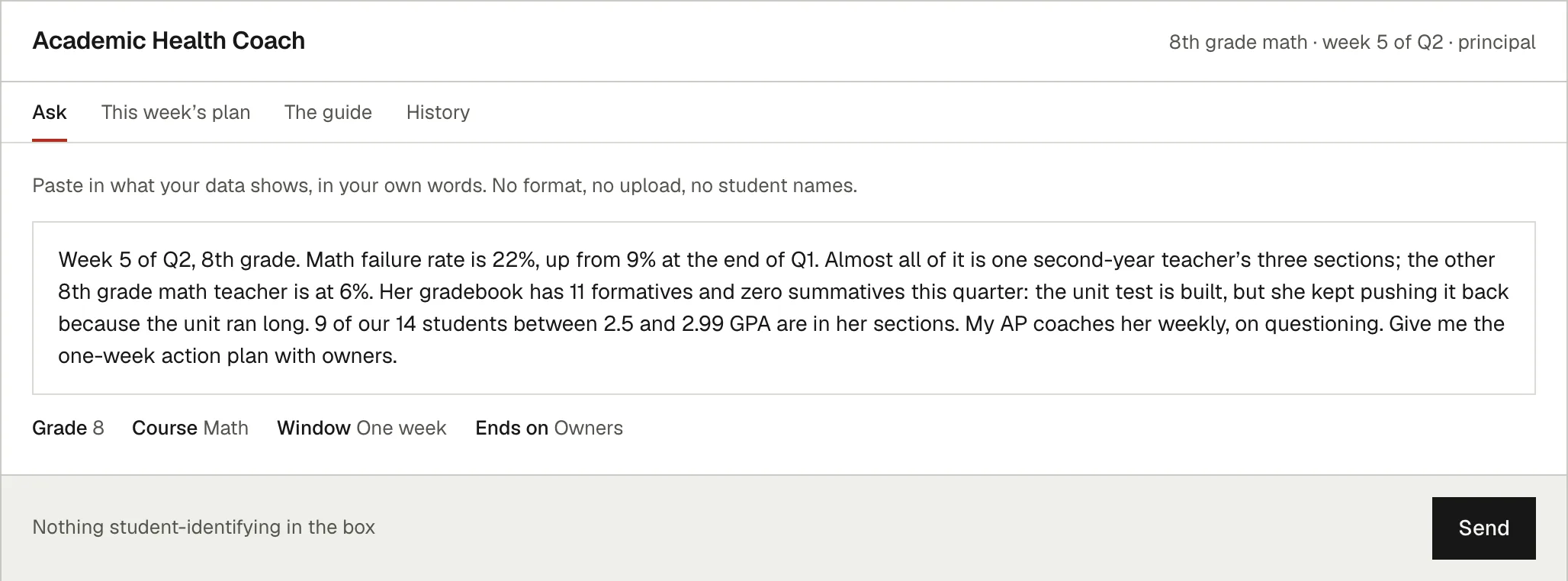 The Ask screen of the Academic Health Coach with a paragraph typed into the box, describing an invented eighth grade math picture in plain sentences and ending with a request for a one-week action plan with owners. A row underneath shows the grade, the course, the window and what the answer should end on.